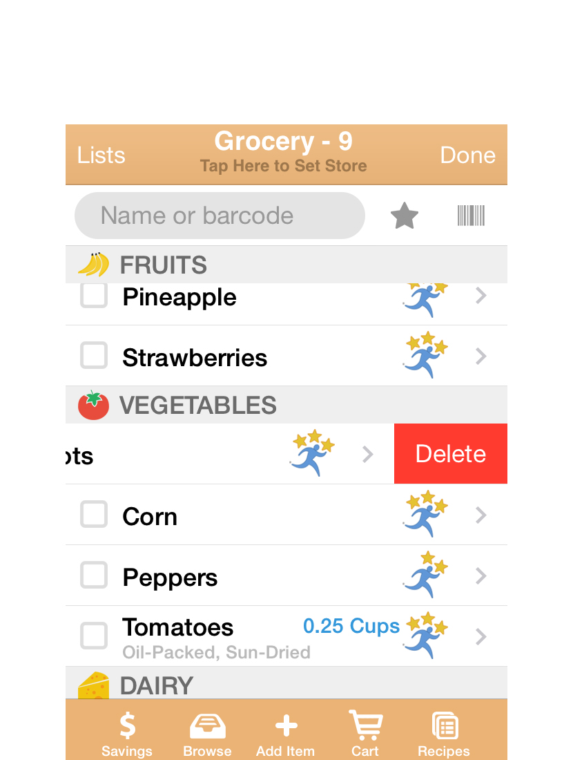  If you need to delete from your list, simply swipe over the name of the item, and a Delete button will appear. 