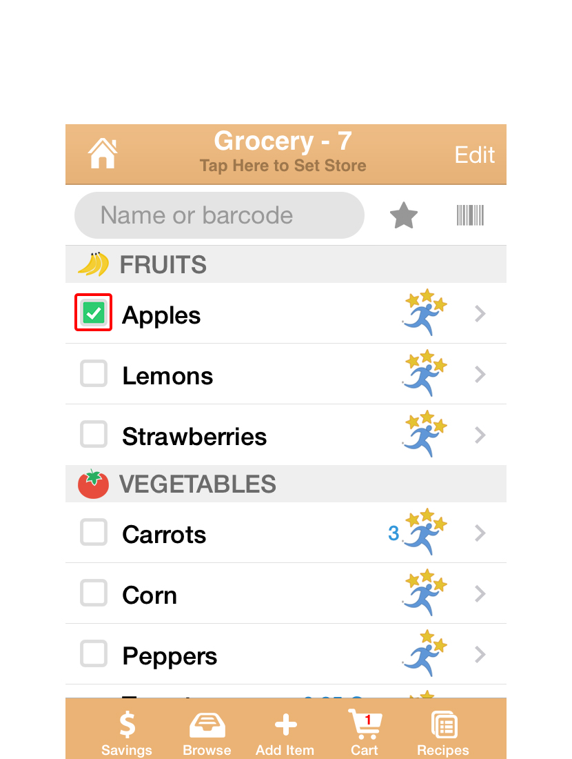  In the store, open your list. The items are organized in groups like the Aisles of a store. Check items off as you shop. Checked items go to the cart&nbsp;, so your list gets smaller as you shop! 