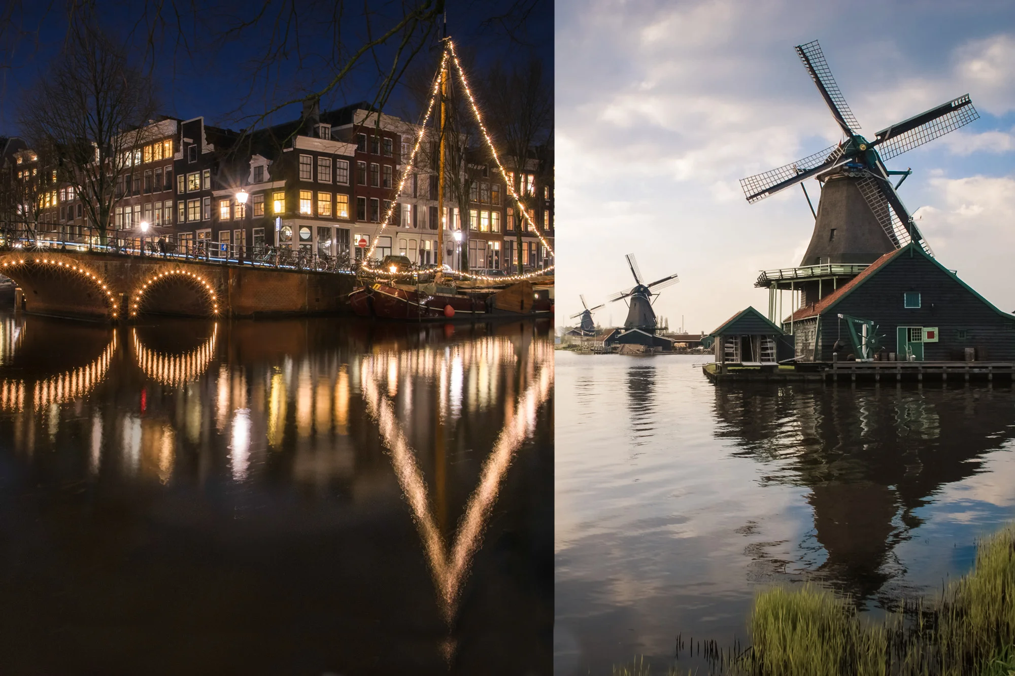 Side-by-side photos of windmills on a river, one during nighttime with illuminated buildings and a boat, and the other during daytime with additional windmills and grassy embankment.
