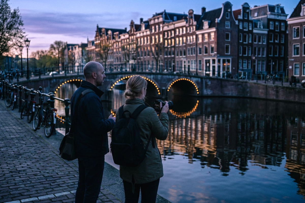 A man and a woman with a backpack standing by a canal, taking photos of the cityscape with historic buildings and a bridge illuminated with lights at dusk.