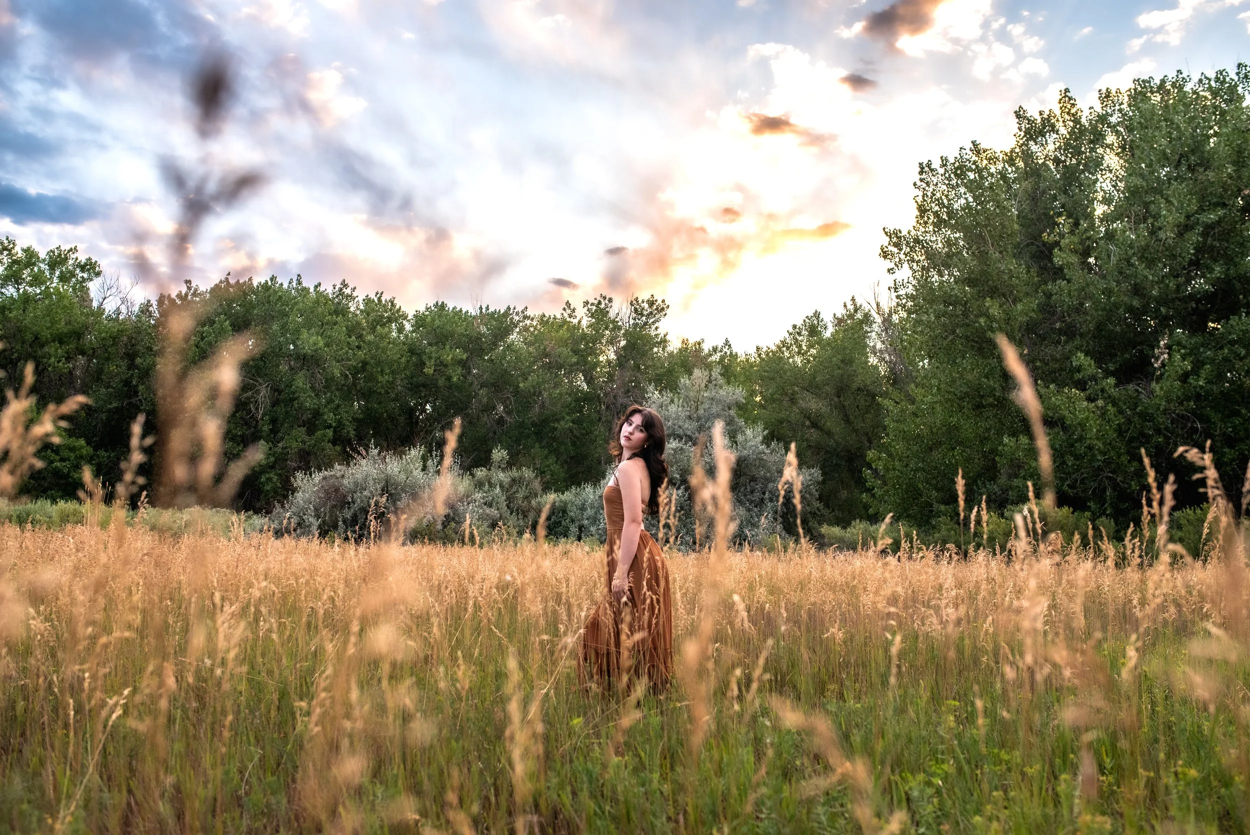 High School Senior  in a brown dress standing in a grassy field at sunset, with trees in the background and clouds in the sky.