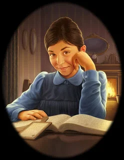 A young girl with short dark hair and a blue long-sleeve shirt sitting at a table with an open book, smiling and resting her head on her hand by a cozy fireplace.