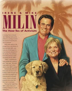 Cover of a book titled "The How-Tos of Activism" by Irene and Mike Miling, featuring a man and woman smiling, with a yellow Labrador retriever dog in front, and a background of palm trees.