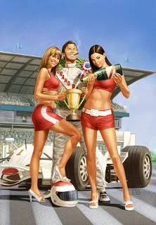 Three women in red racing outfits celebrating with a trophy next to a race car.