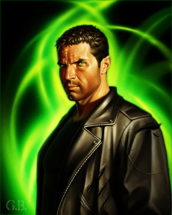 A man with short dark hair wearing a black leather jacket, with green neon light trails in the background.