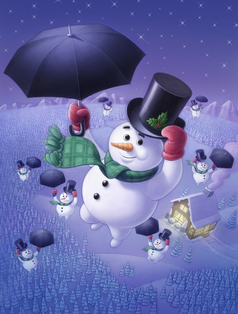 A snowman wearing a top hat with holly, red gloves, and a green scarf, holding a black umbrella, flying over a snowy landscape with small snowmen holding black umbrellas, with a cozy cabin in the background under a starry night sky.