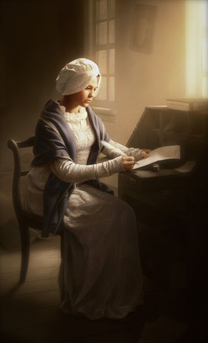 A woman dressed in historical clothing, including a bonnet, sitting at a desk and reading a book in a warmly lit room.