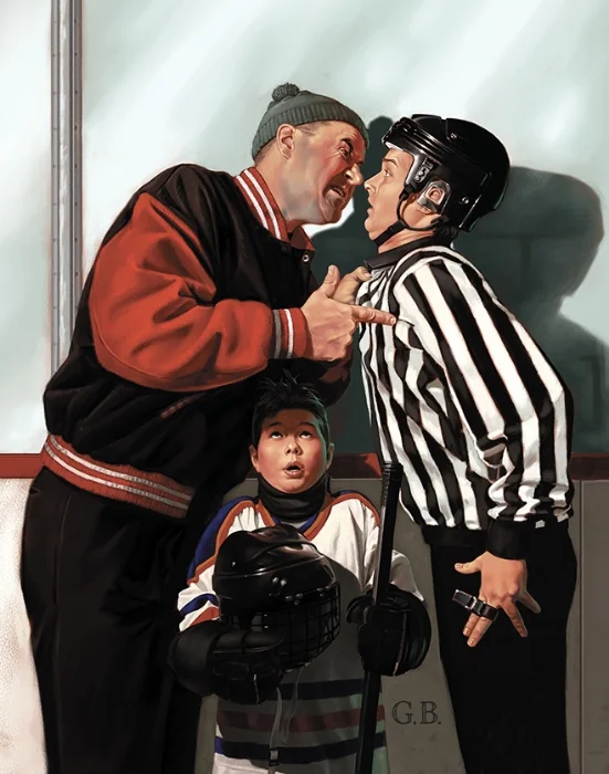 A hockey referee confronts an angry man in a black and red jacket, who is pointing and shouting at the referee. A young boy in hockey gear, holding a helmet, looks up anxiously. The scene appears to be an intense moment at an ice hockey game.