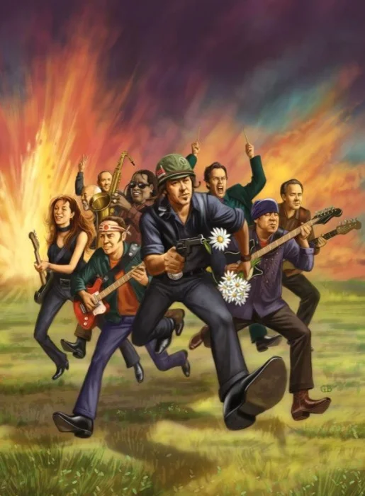 Animated illustration of a group of musicians and a soldier running in a grassy field with colorful, dramatic sky in the background.