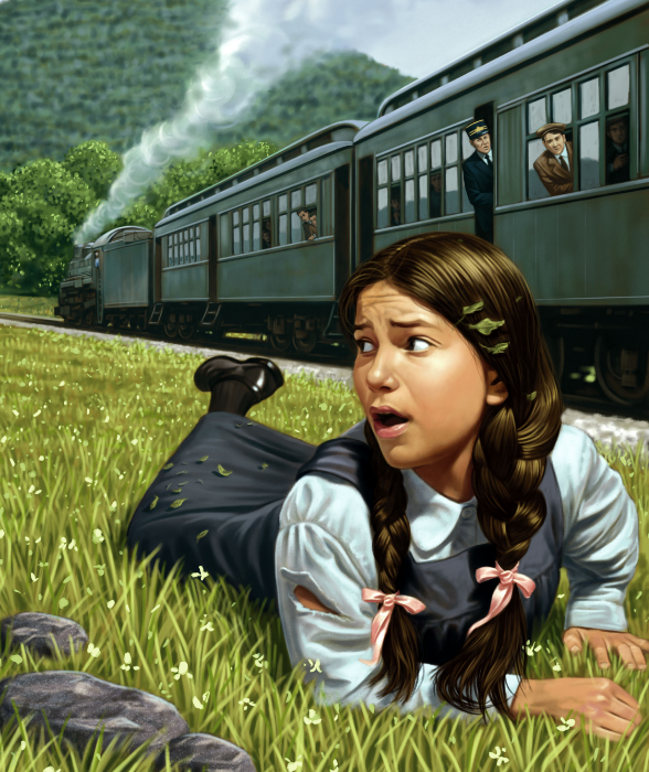 A young girl with braids and a white shirt lying on grass near train tracks, looking scared as a train passes by in the background.