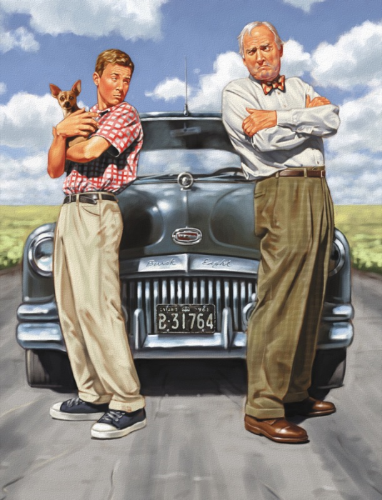 A painting of two men standing in front of a black car. The younger man is holding a small dog, wearing a red and white checkered shirt, khaki pants, and sneakers. The older man has white hair, crossed arms, wearing a white shirt, plaid pants, and br