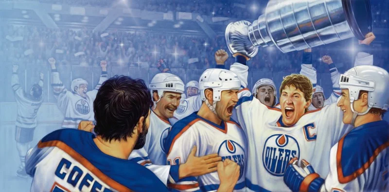 Ice hockey players from the Edmonton Oilers celebrating on the ice after winning the Stanley Cup, with some players raising hands and teammates smiling in the background.