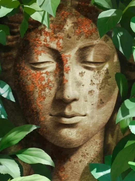 Close-up of a stone Buddha face sculpture surrounded by green leaves, with a weathered appearance and reddish patches on one side.
