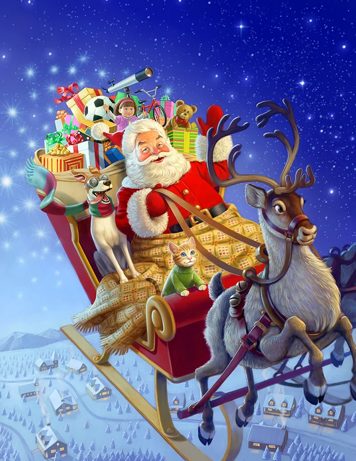 Santa Claus riding in his sleigh with animals and gifts, flying over a snowy village at night.