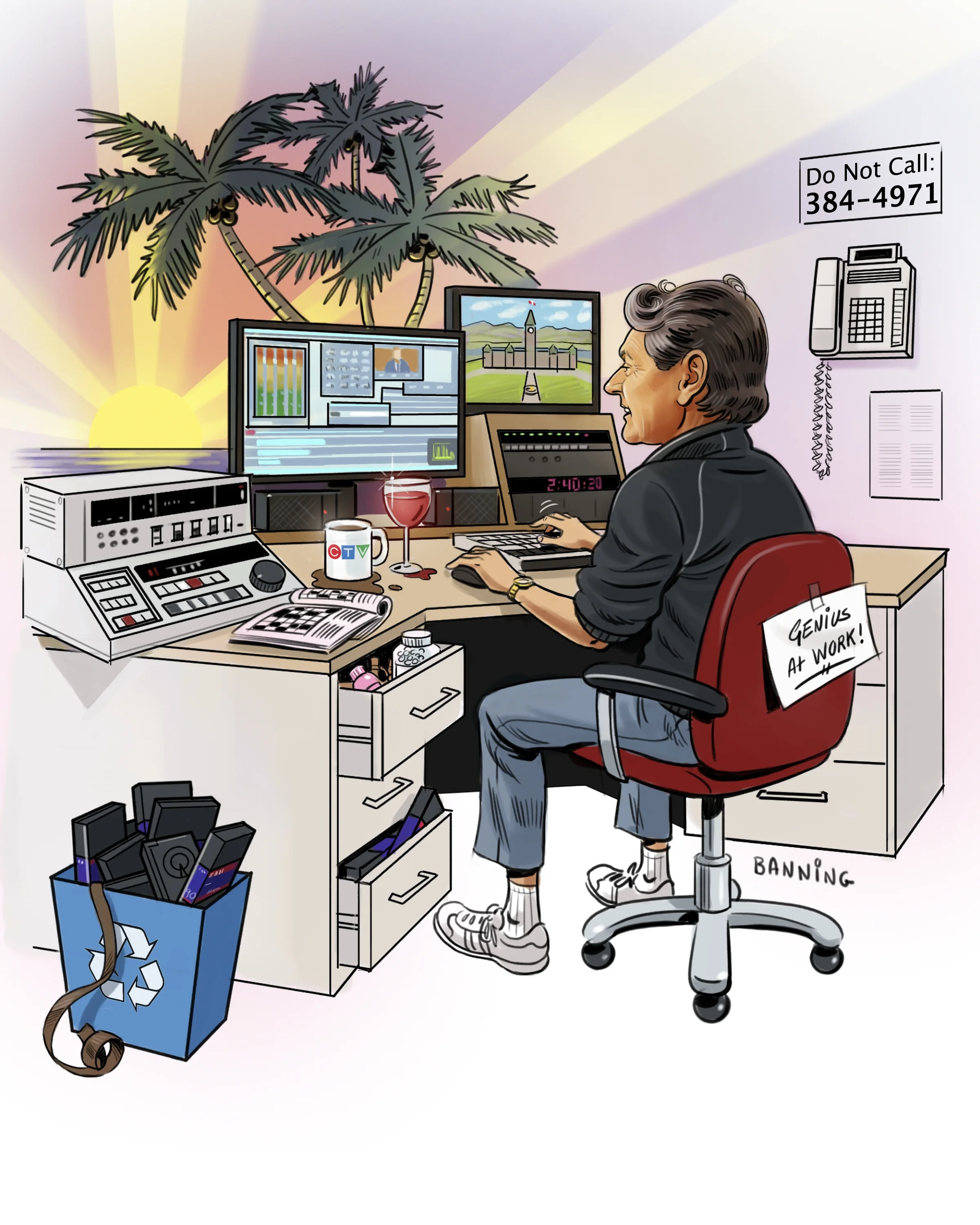 Cartoon of a man working at a cluttered desk in an office with multiple monitors, a recycling bin filled with electronic devices, and a background showing palm trees and a sunset.