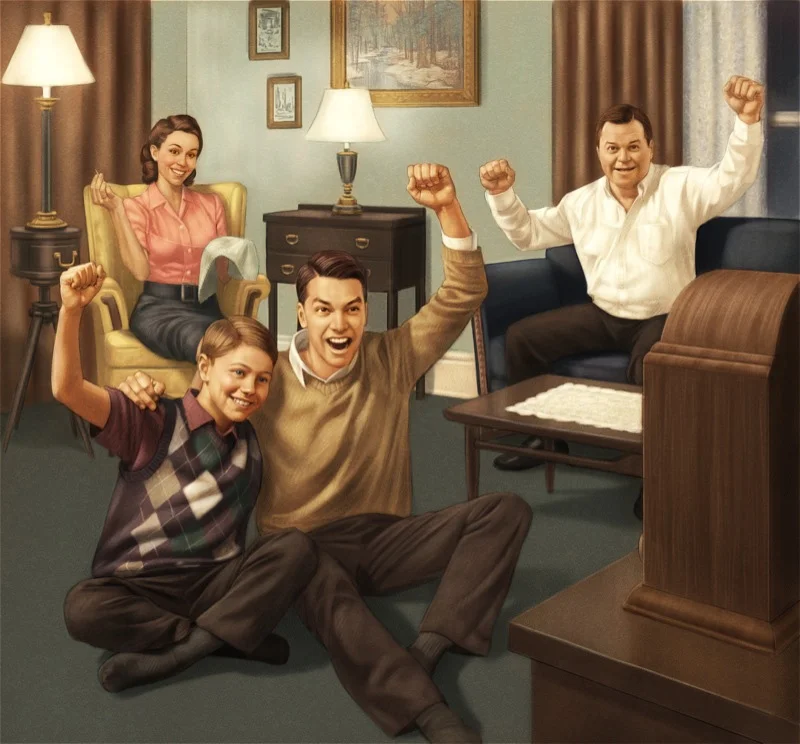 Four people, two men and two women, celebrating excitedly in a cozy living room with vintage decor, raising their fists and smiling.