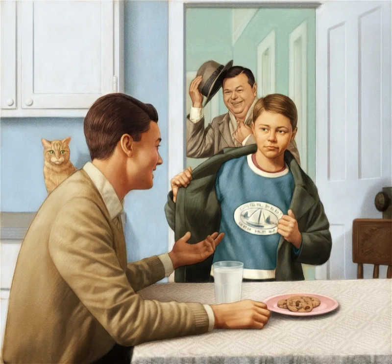 A young boy reveals a tattoo of a sailboat on his chest to a seated man in a beige jacket, while another man with dark hair smiles in the doorway, and a ginger cat is sitting on a kitchen counter behind them.
