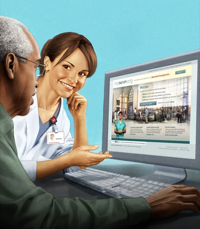 A nurse and an elderly man look at a computer screen displaying a hospital's website called 'myNYY.org,' with hospital images and health information.