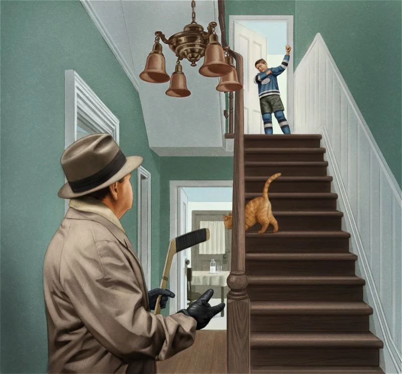 A person dressed as a detective holding a crowbar, standing inside a house near the bottom of a staircase. A boy is at the top of the stairs raising his arm, and a cat is walking up the stairs.