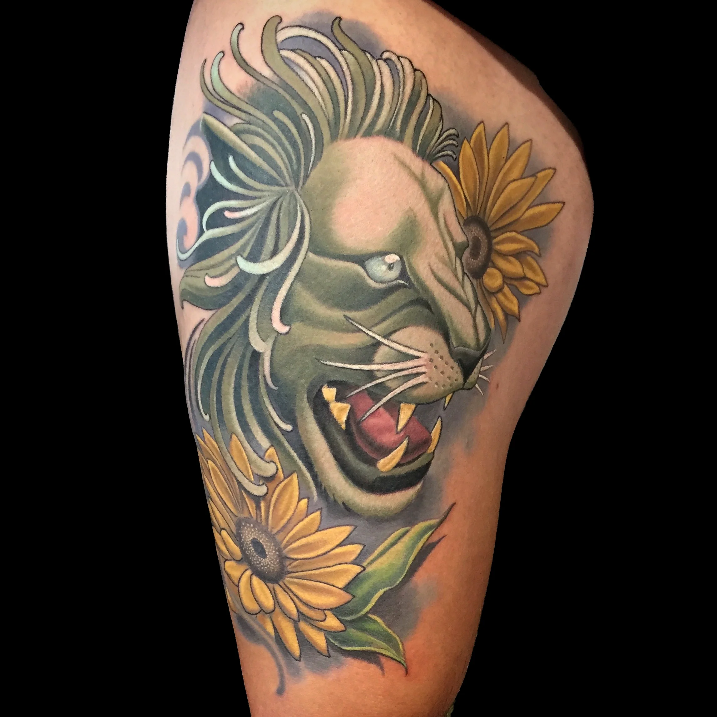 Green Lion and Sunflowers Tattoo