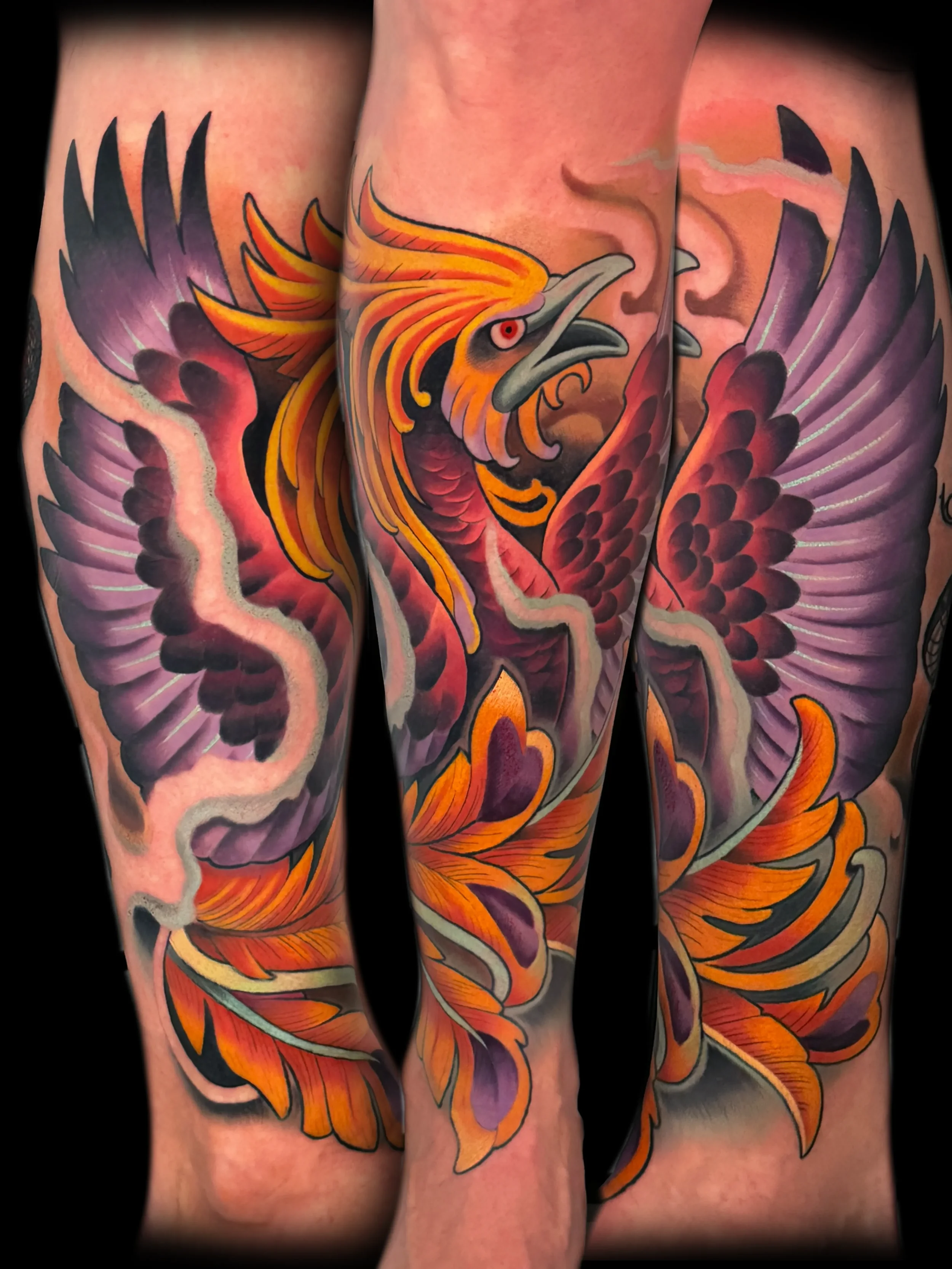 Bright Phoenix Leg Tattoo