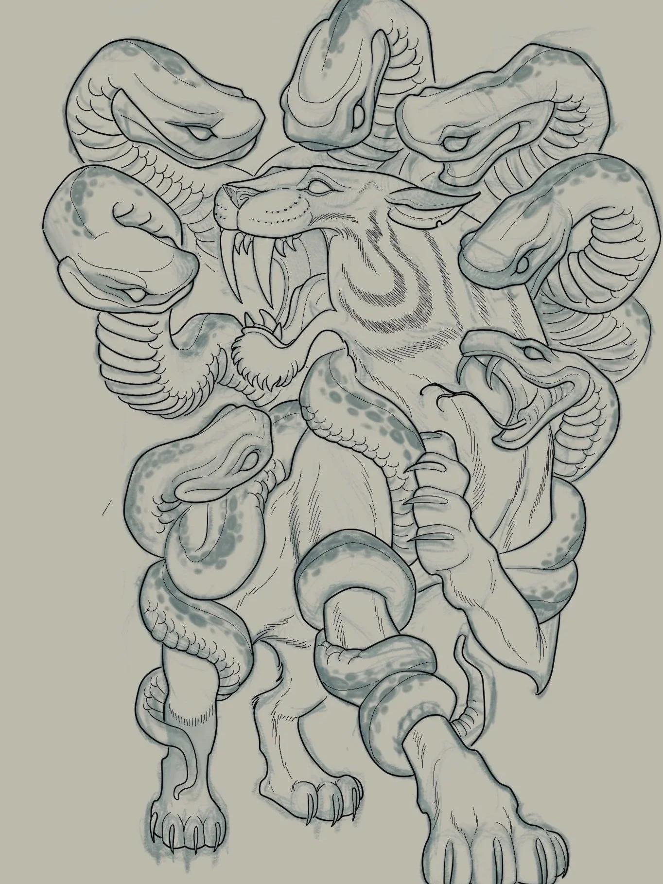 saber tooth cat and snakes sketch