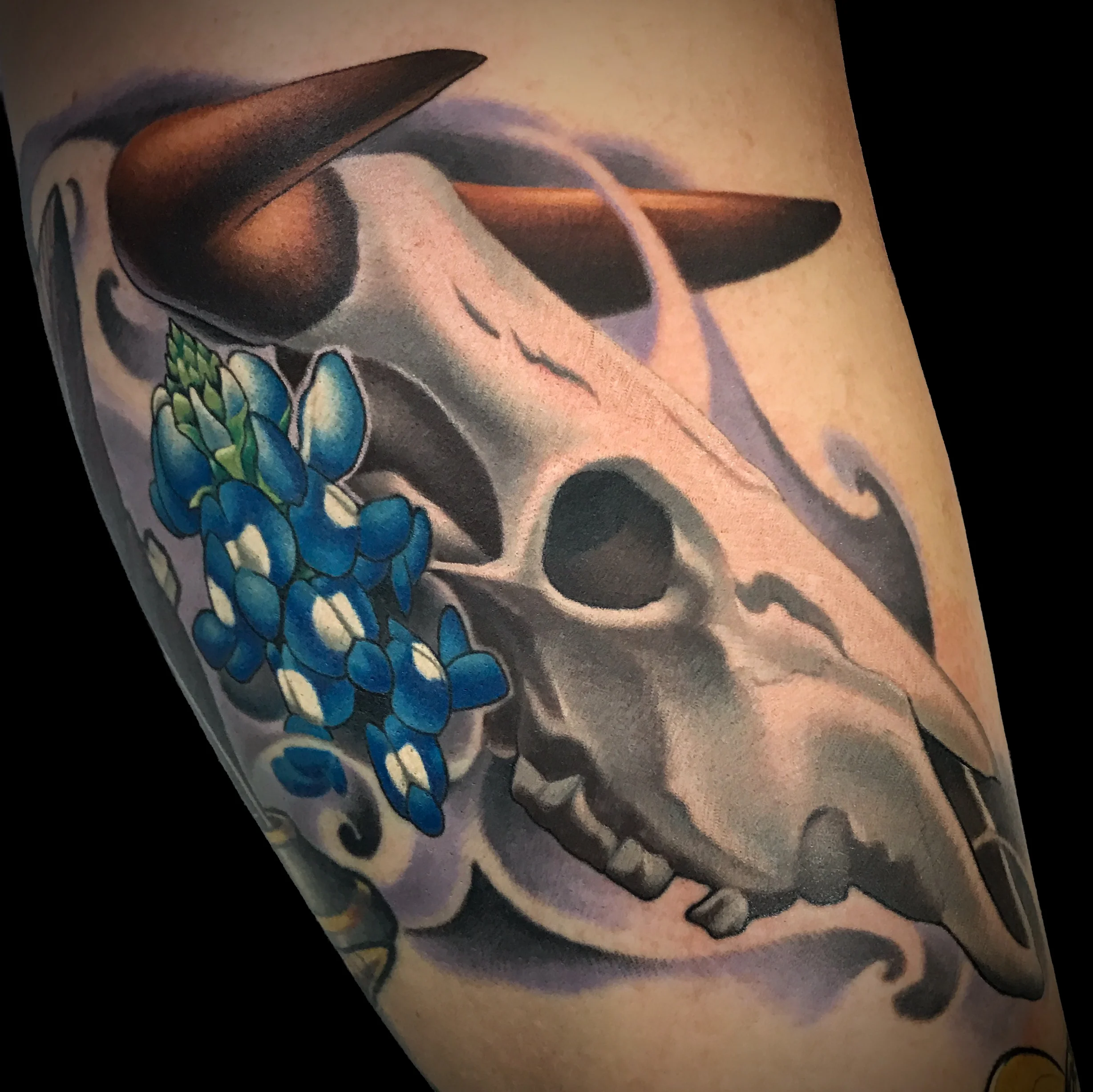 Blue Bonnets and Deer Skull Tattoo 