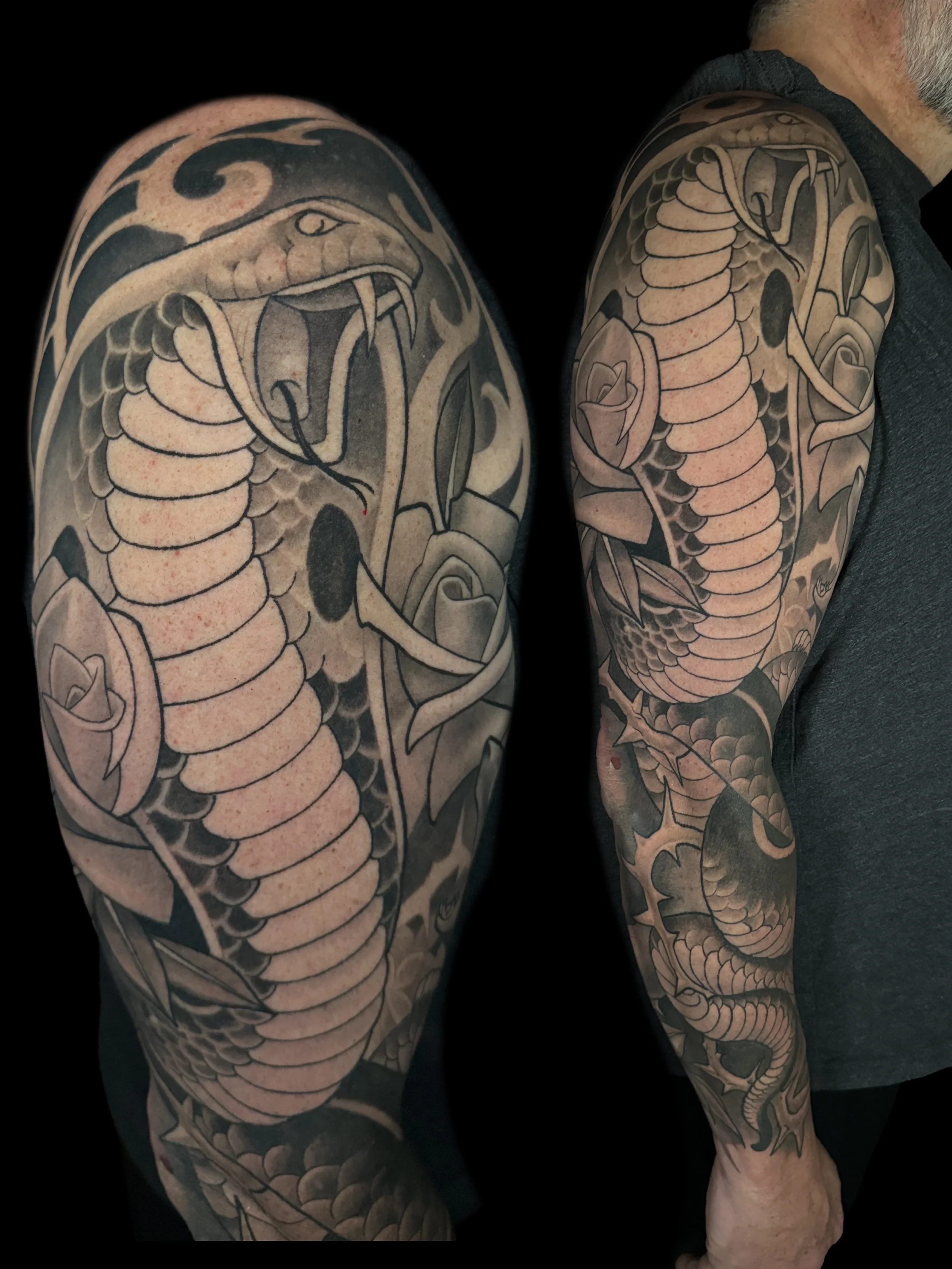 Cobra and Roses Black and Gray Full Sleeve Tattoo