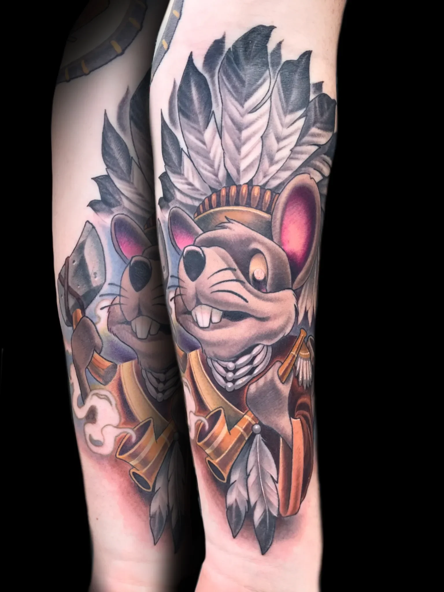 Native Mouse in Feather Headdress Tattoo