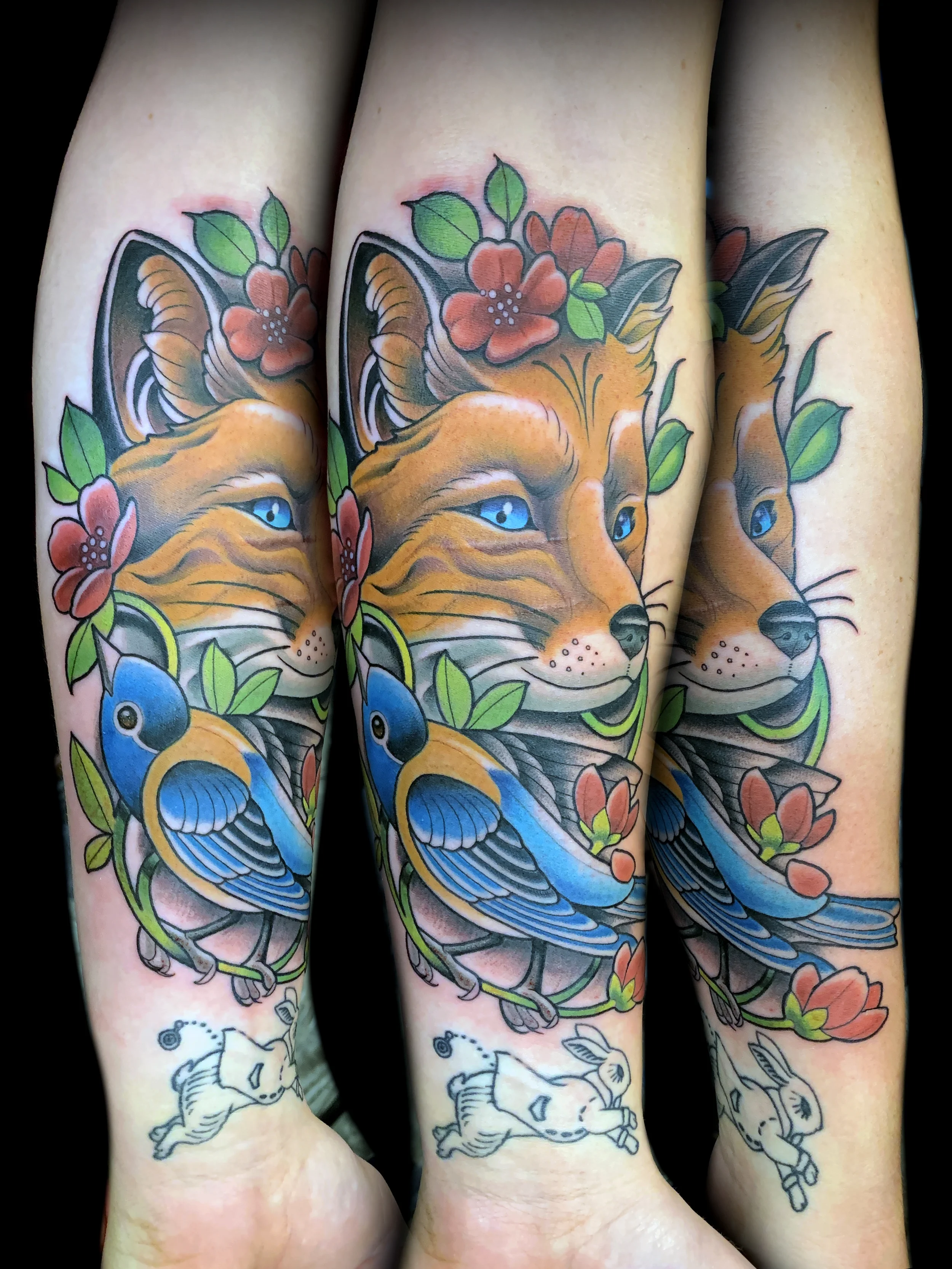 Fox and Blue Bird Forearm Tattoo