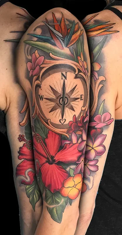 Tropical Flowers and Compass Tattoo