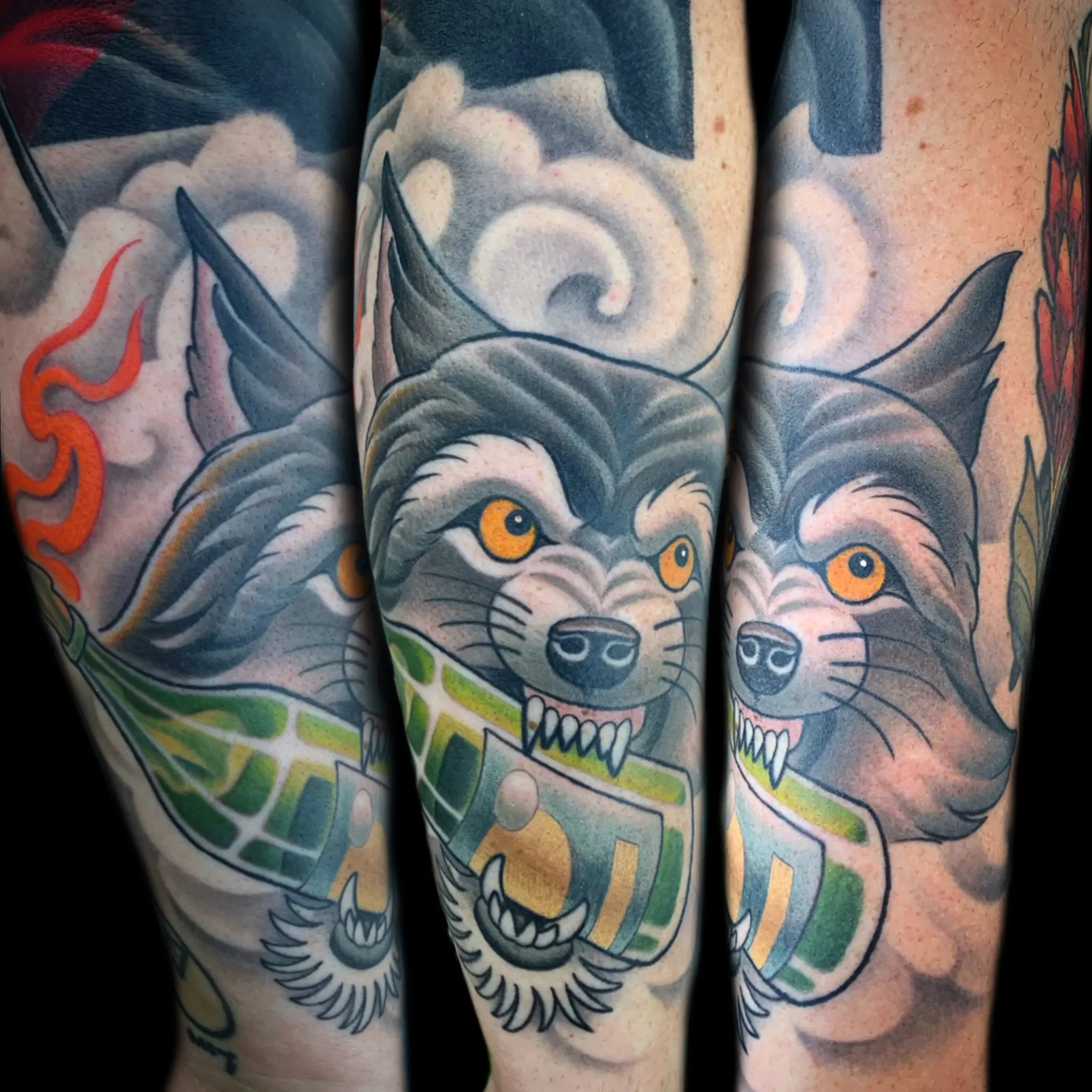 Neo Trad Molotov Wolf Tattoo