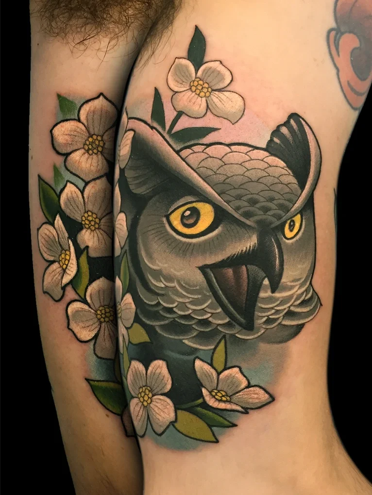 Owl and Dogwood Flowers Tattoo