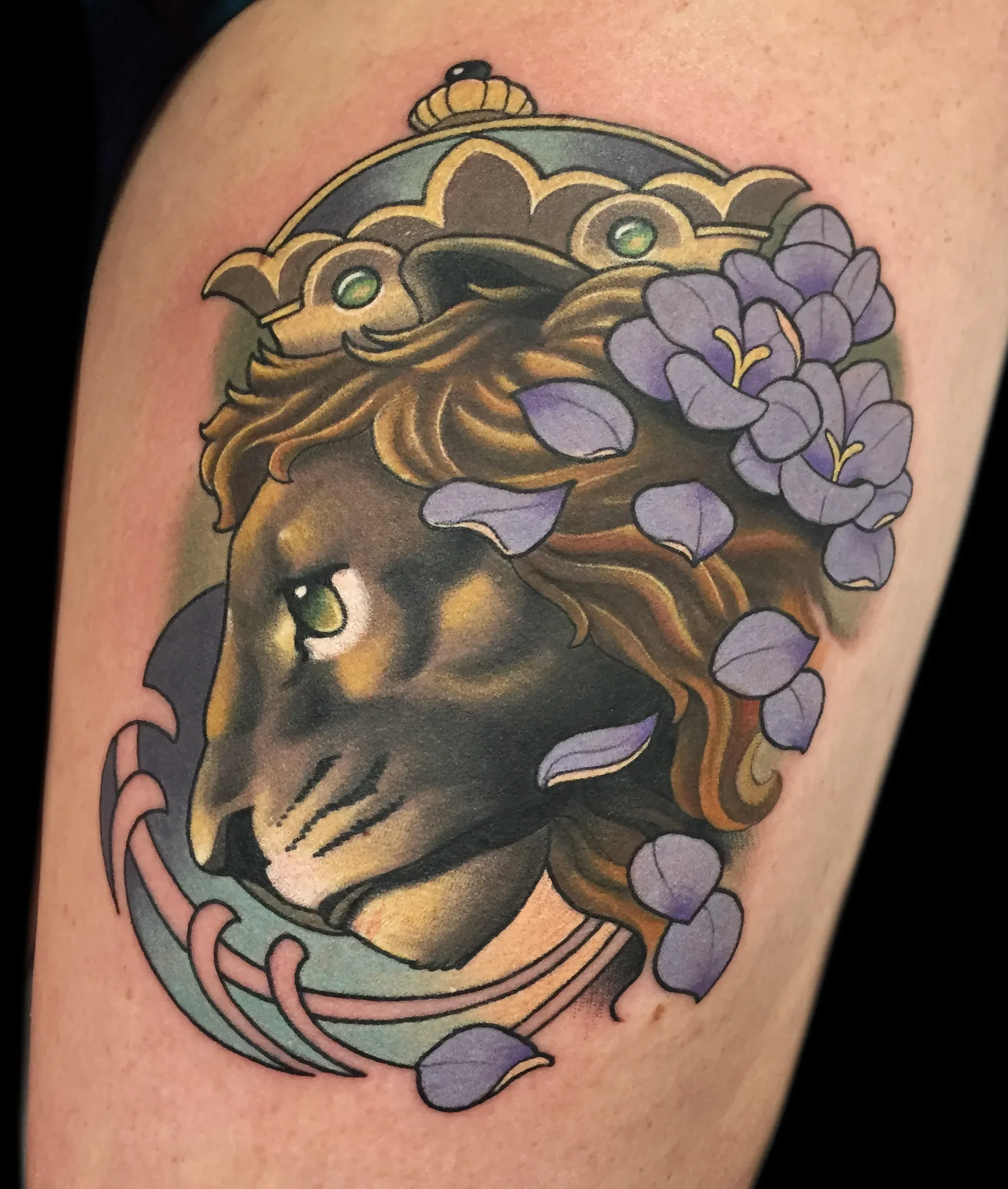 Lion and Purple Flowers Tattoo