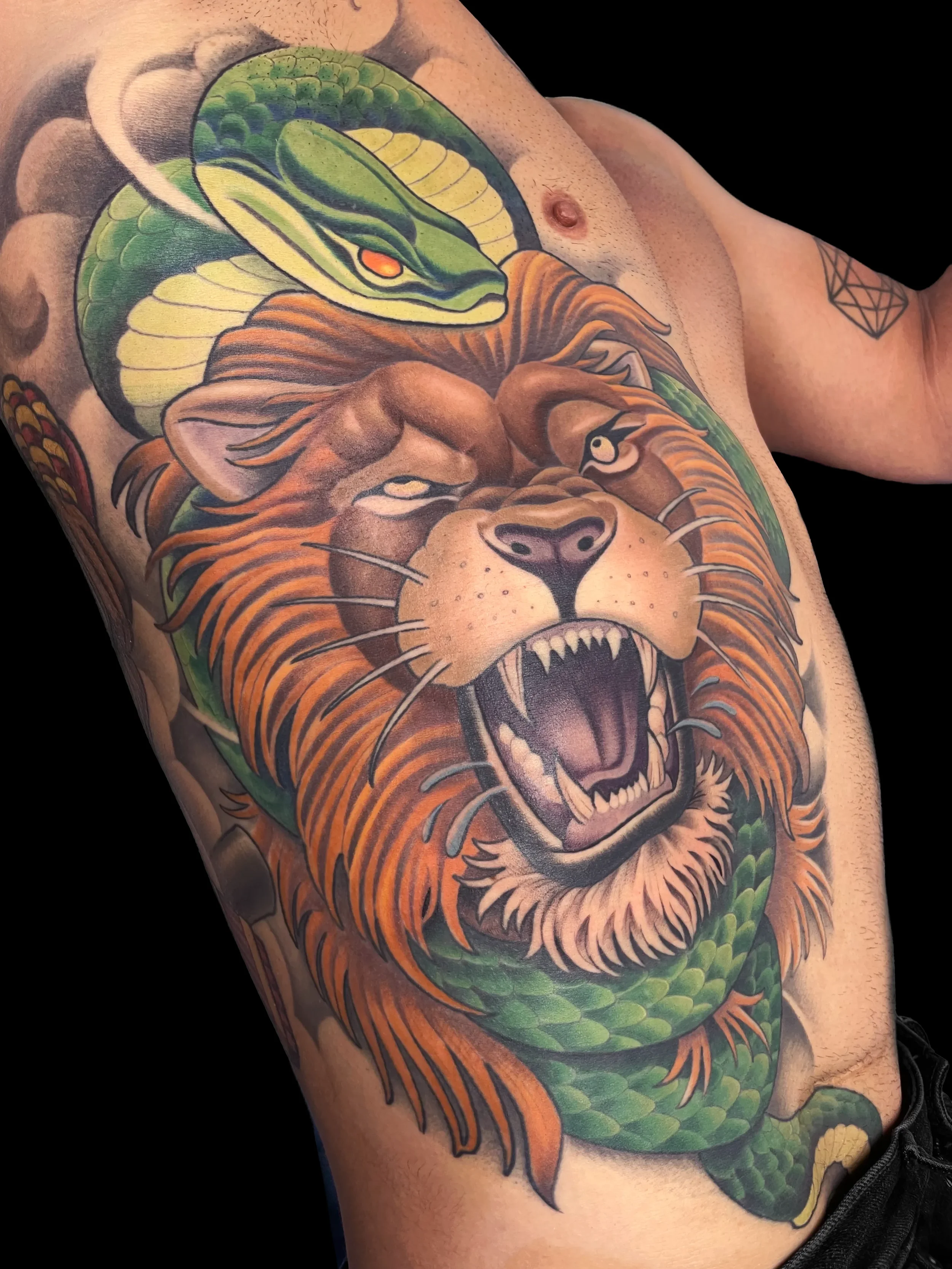 Snake Strangling Lion Full Ribs Tattoo