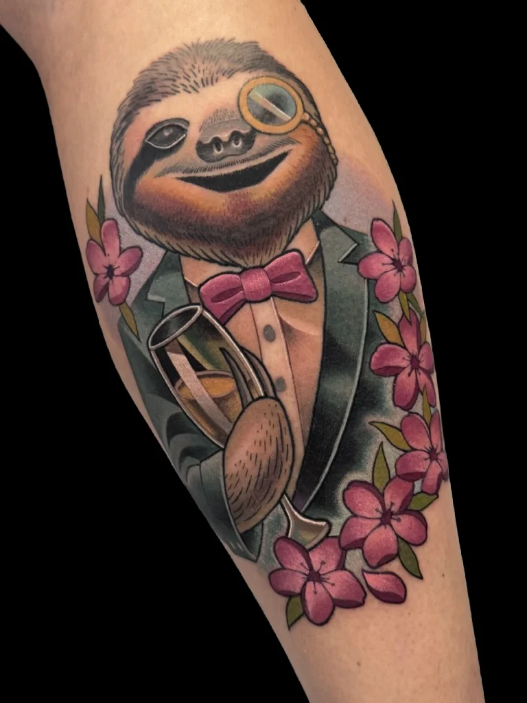 Gentleman Sloth with Champagne Flute Tattoo