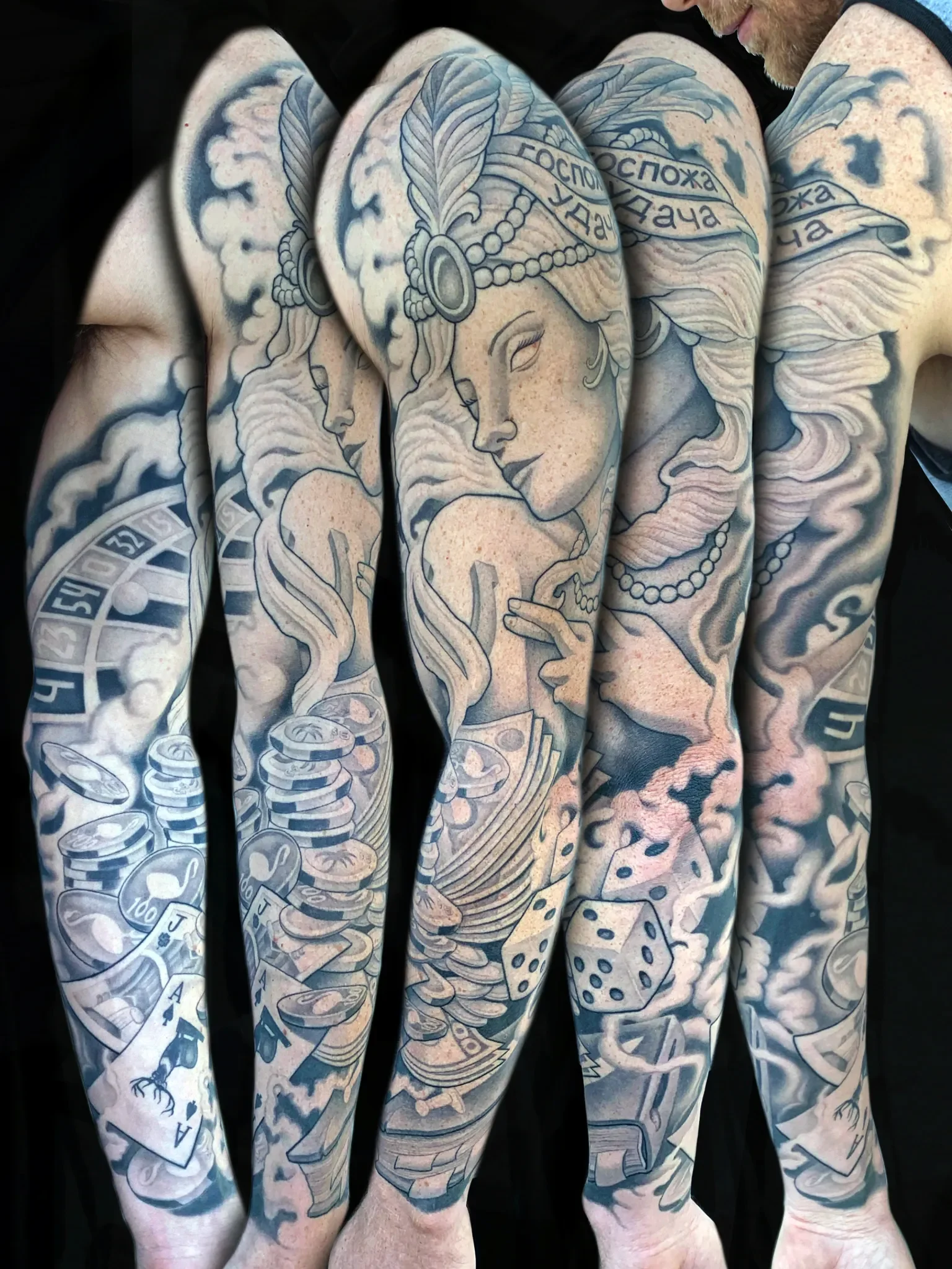 Lady Luck Black and Gray Tattoo Sleeve