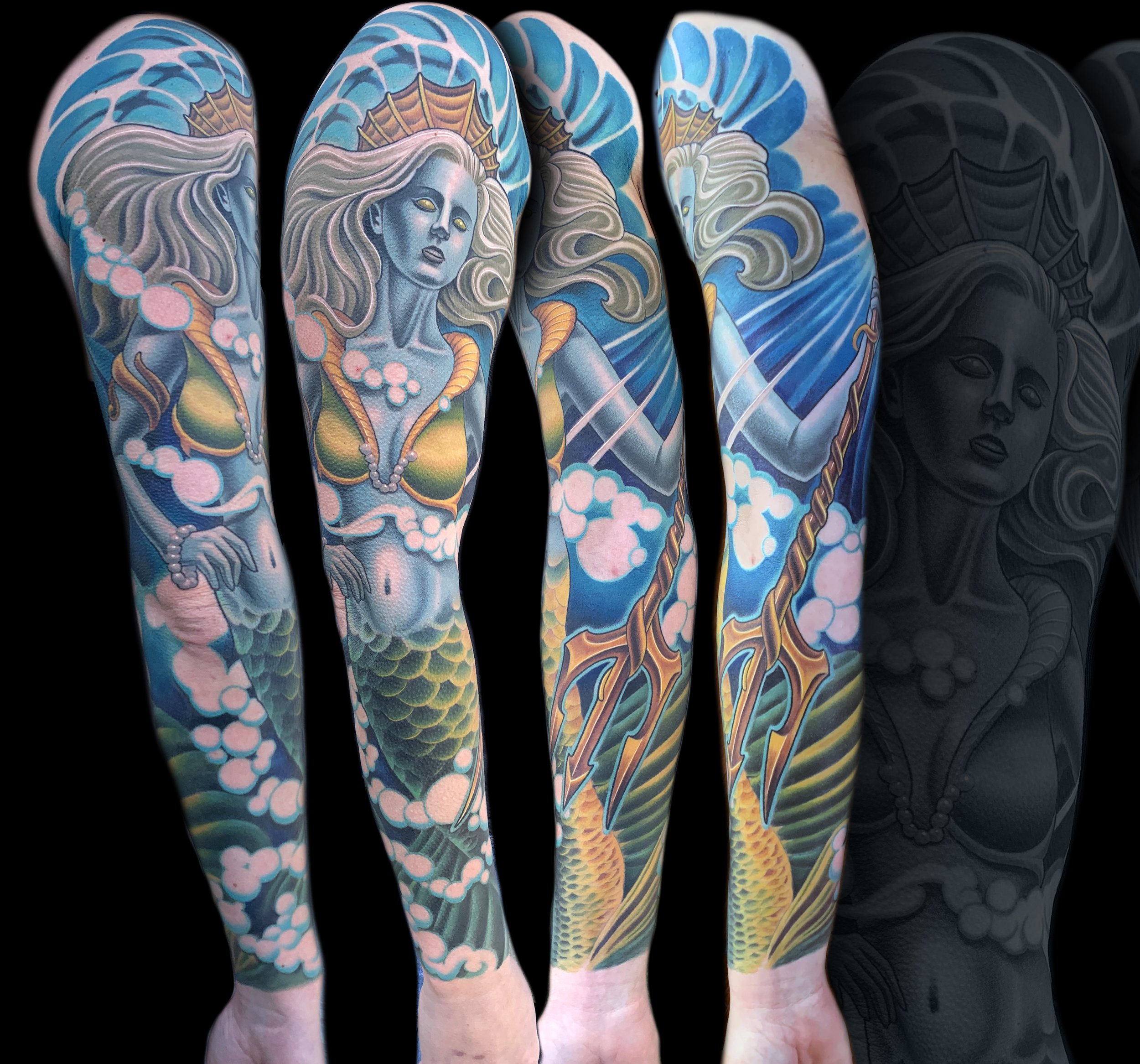 Full sleeve fantasy tattoo of a mermaid with trident