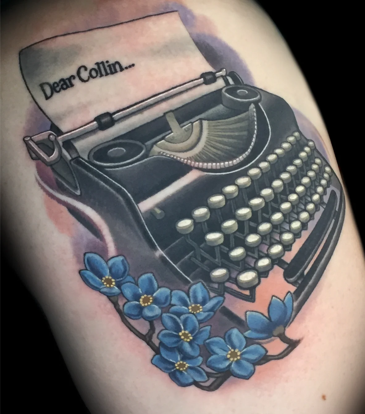 Typewriter and Forget-Me-Nots  Memorial Tattoo