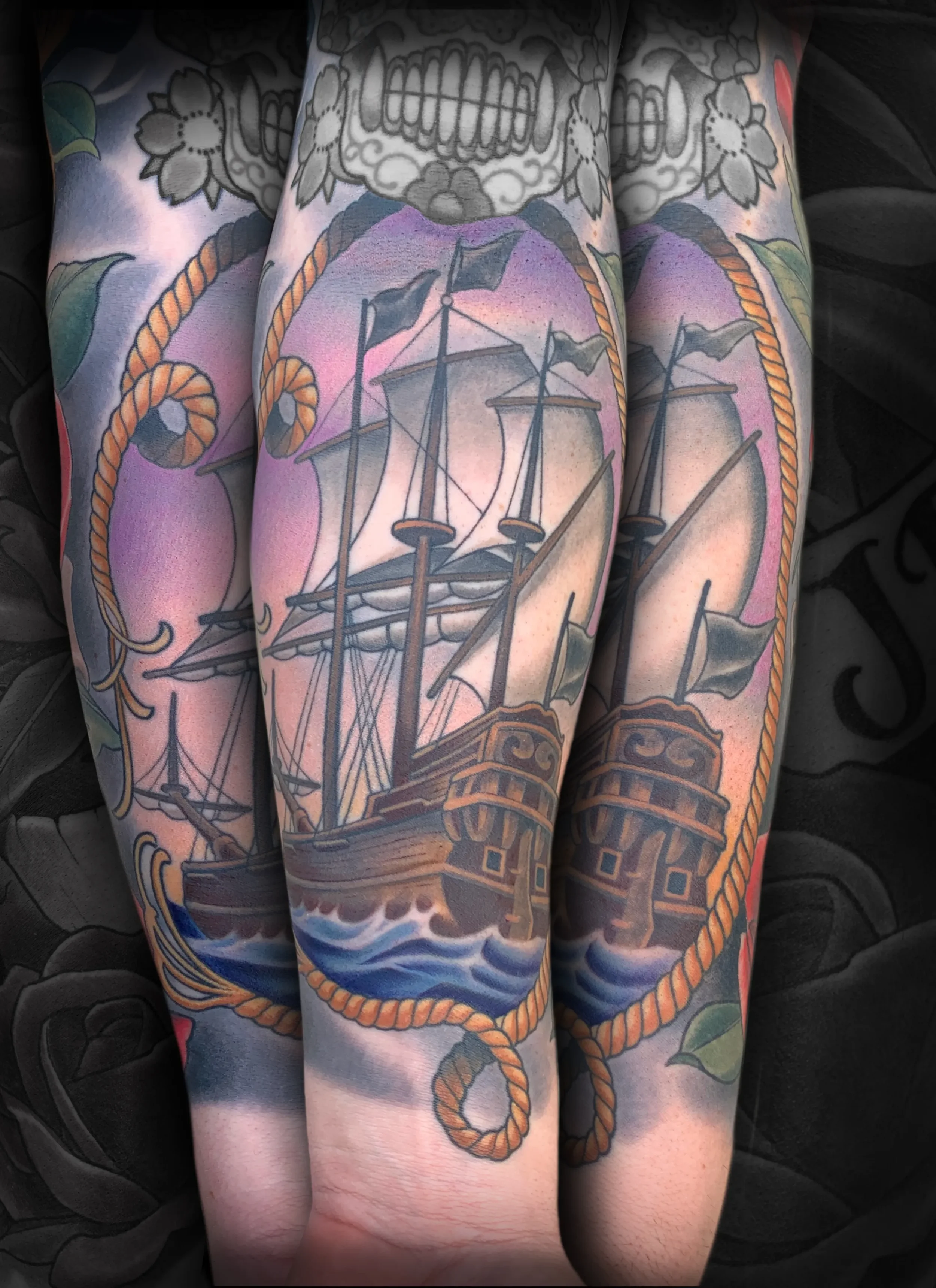 Neo Traditional Clipper Ship in Rope Frame Tattoo