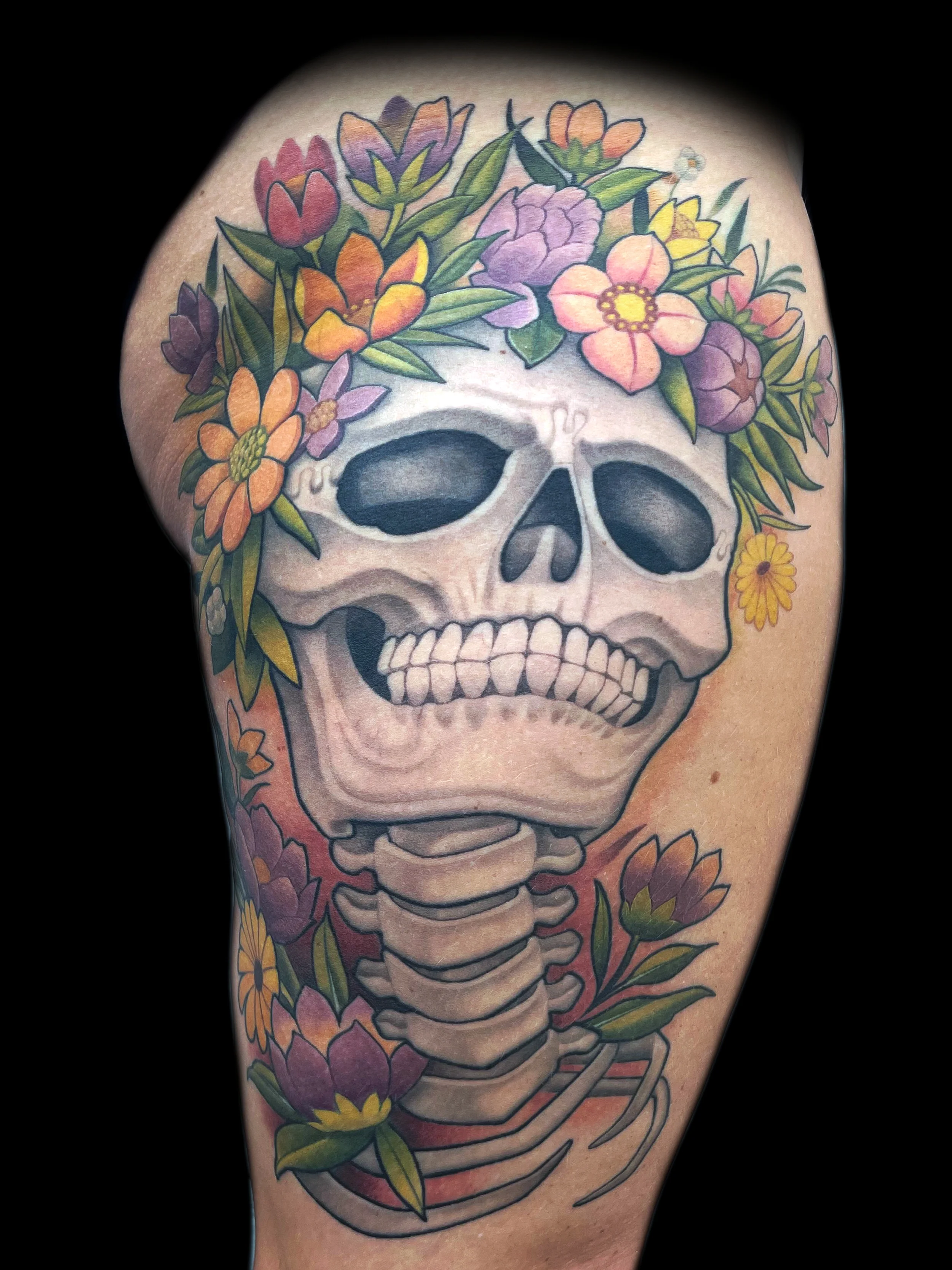 Bone Fertilizer Skeleton and Flowers Tattoo