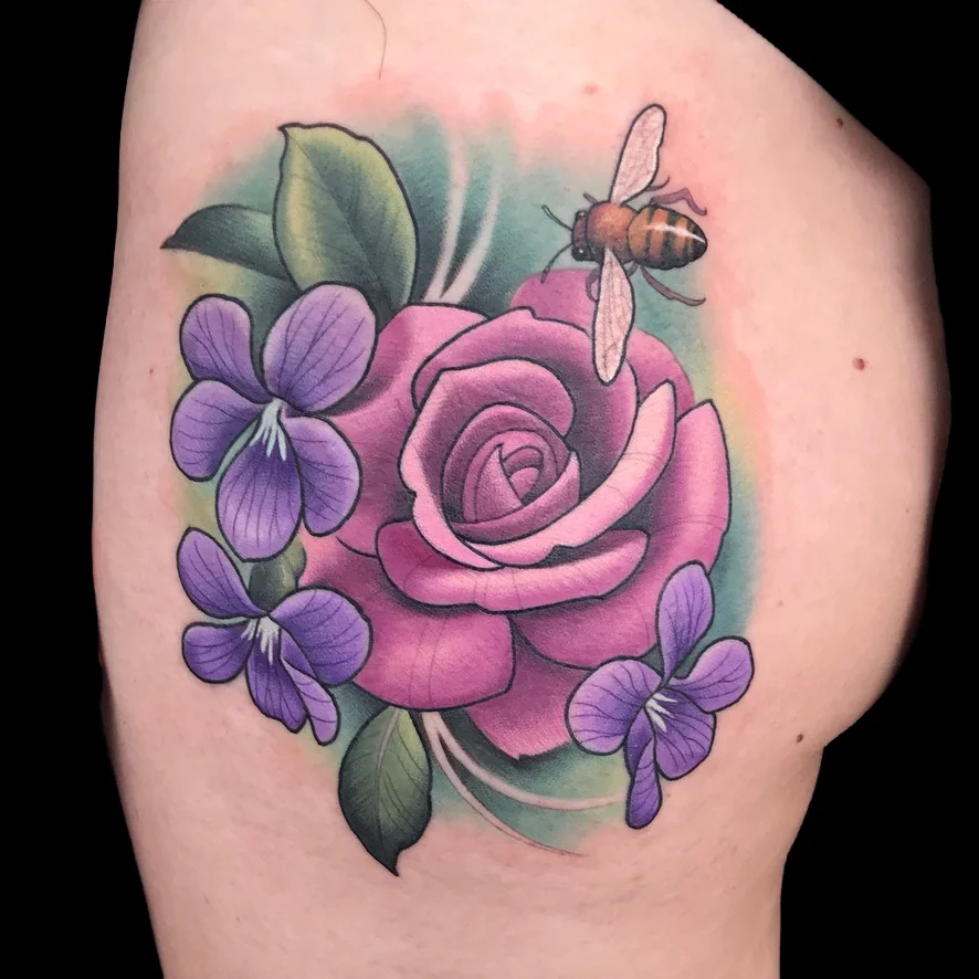 Bee and Pretty Flowers Tattoo