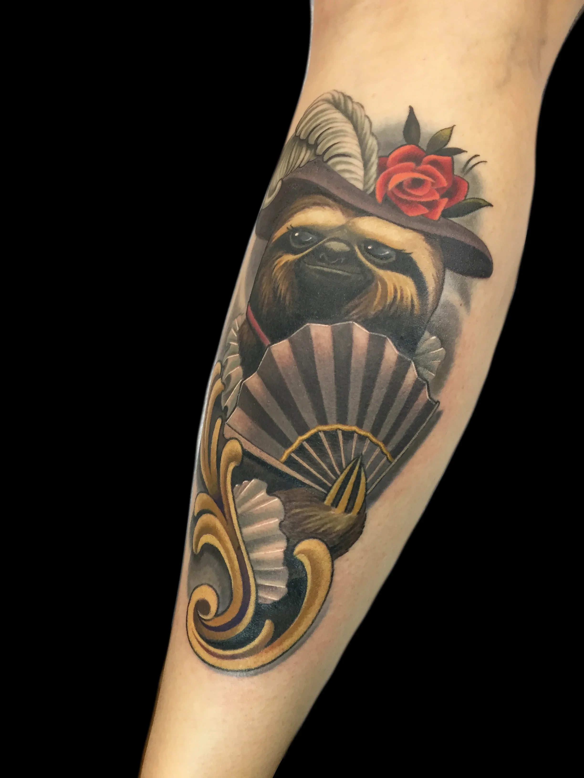 Fancy Sloth Lady with Hand Fan Tattoo
