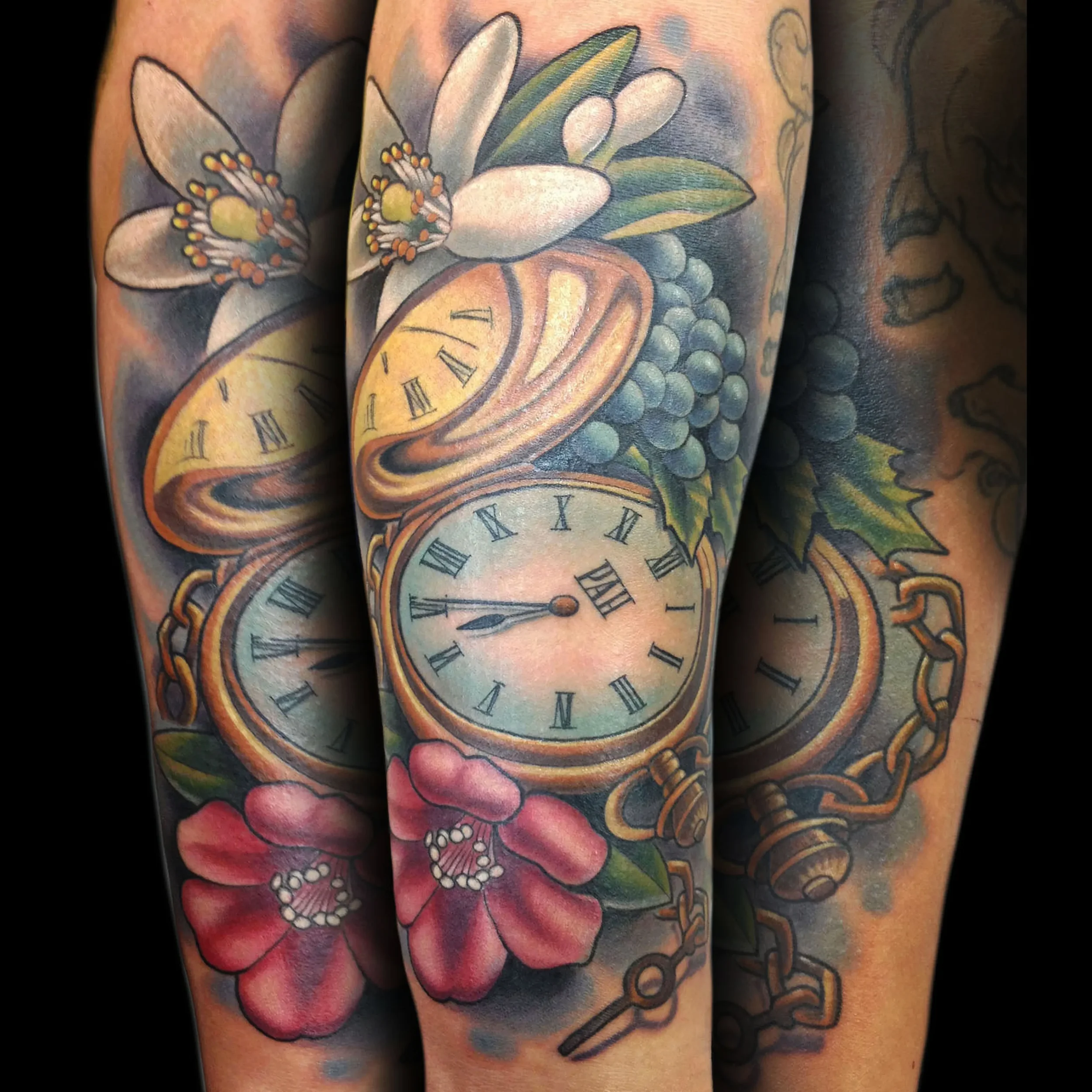 Pocket Watch and Flowers Tattoo