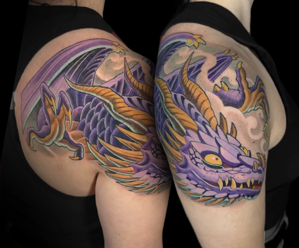 Purple Medieval Dragon Cover-up Shoulder Tattoo