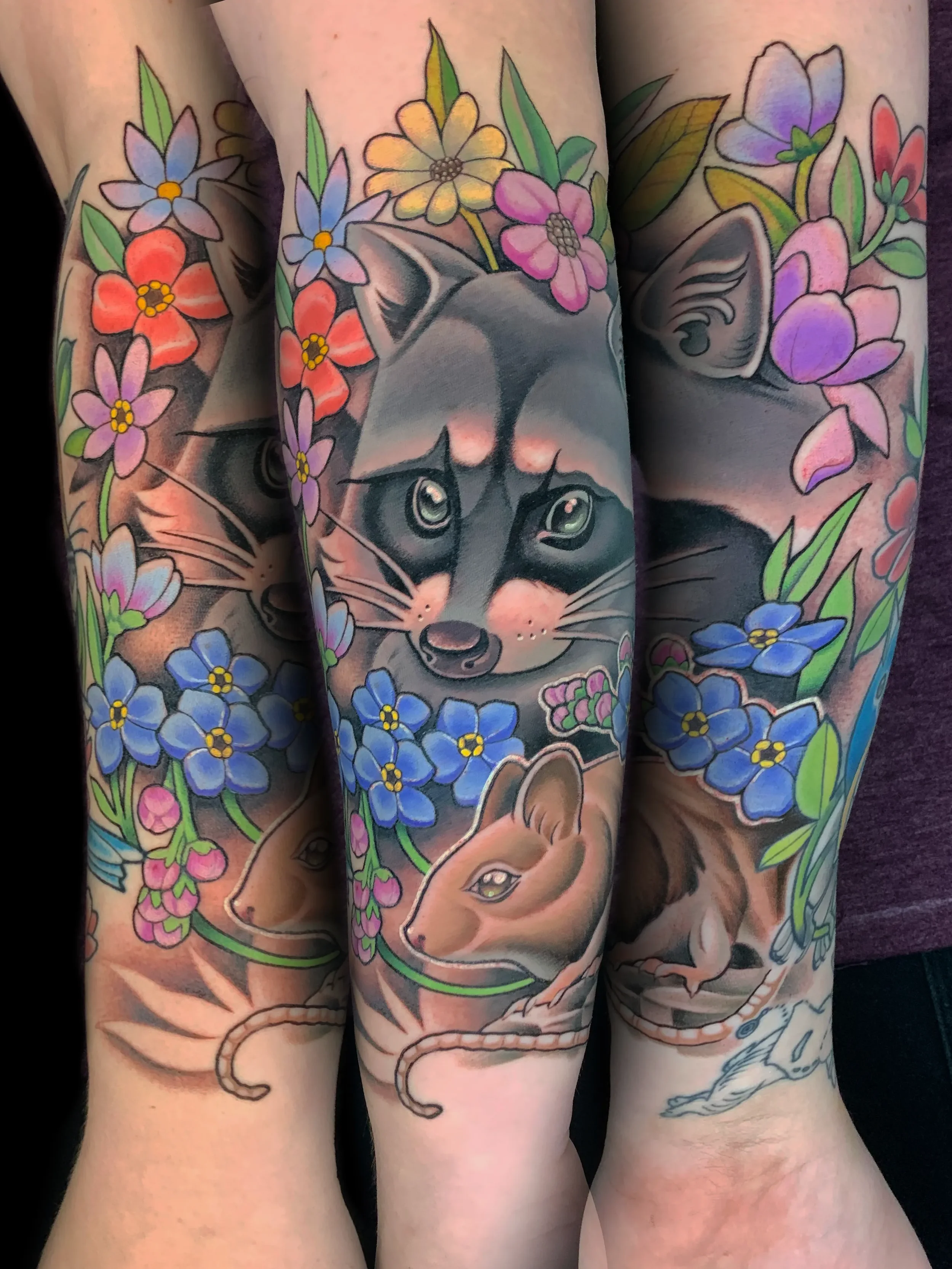 Raccoon Field Mouse and Flowers Tattoo 