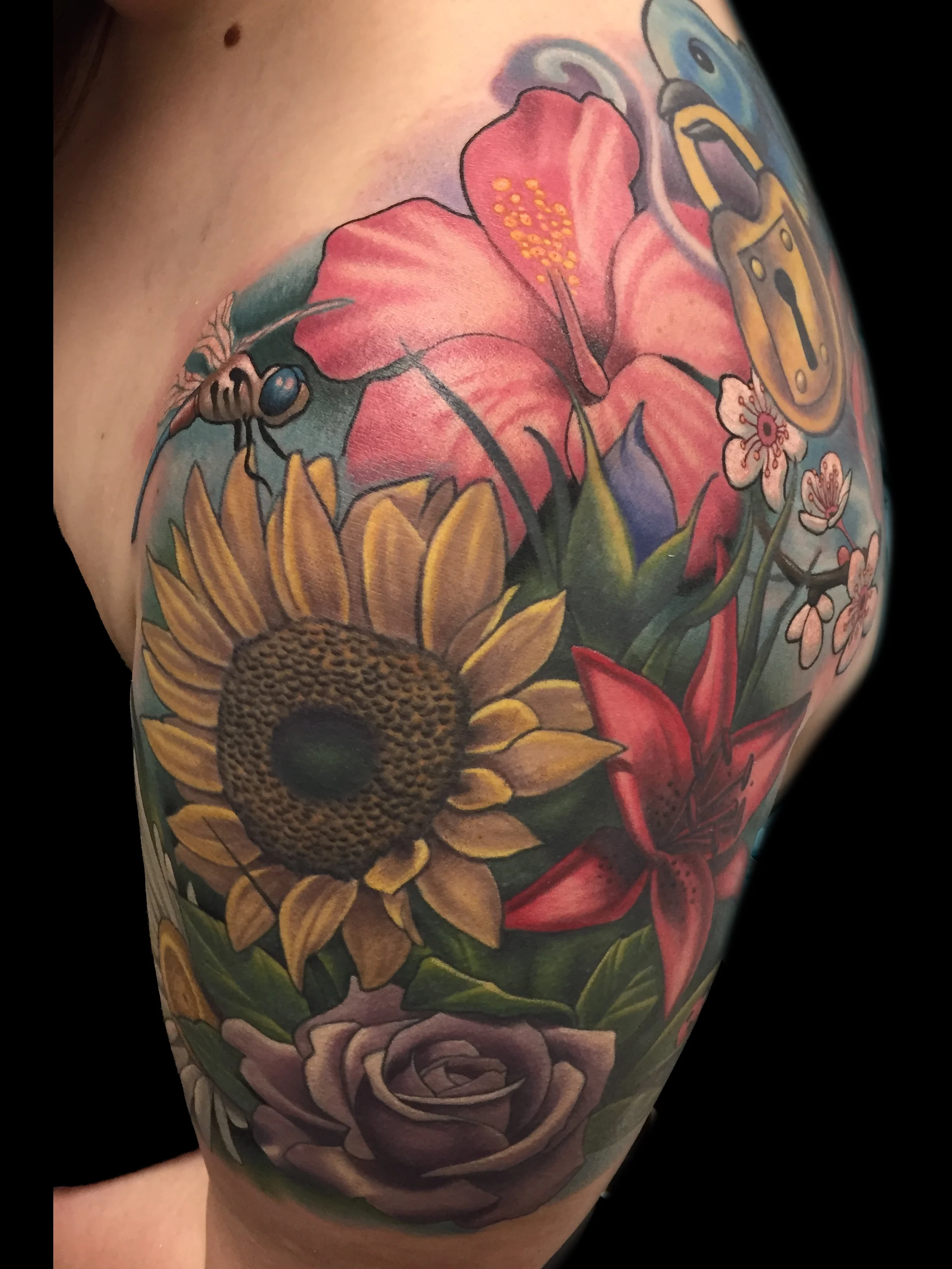 Pretty Flowers and Dragonfly Tattoo