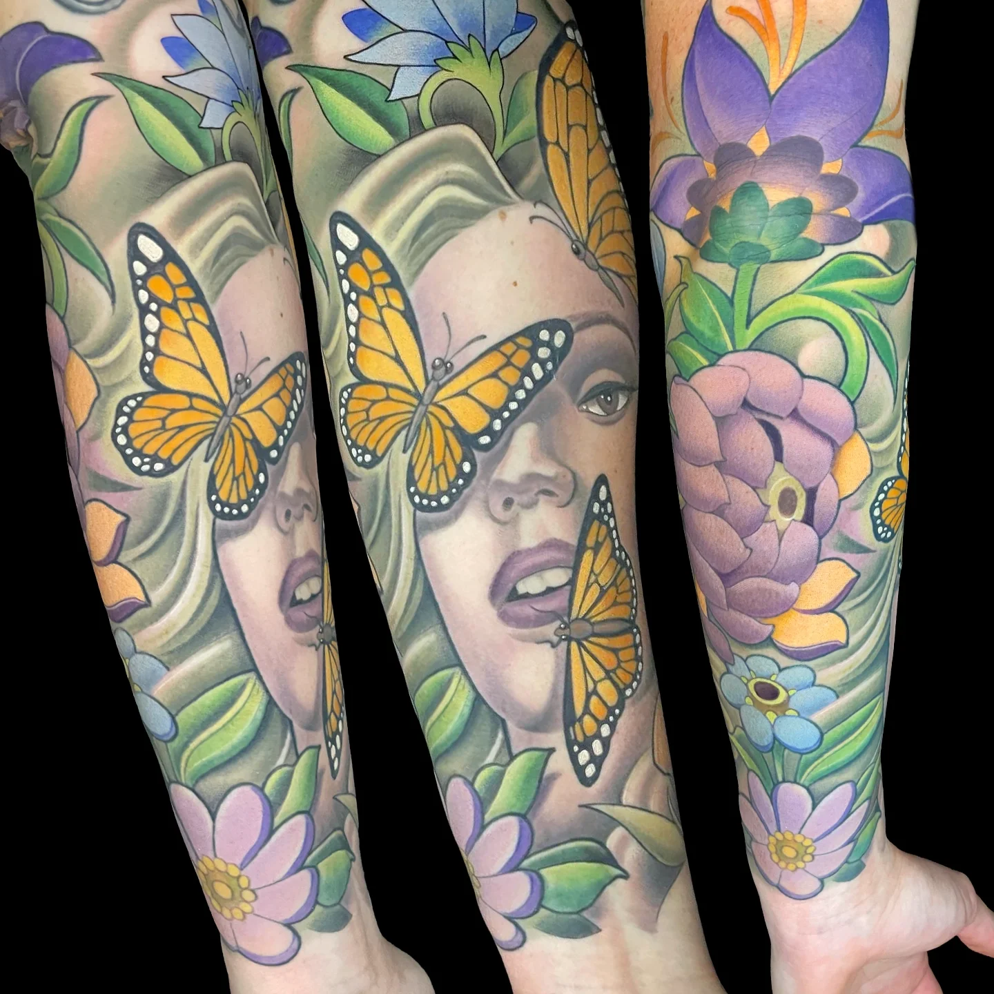 Lady Face and Monarch Butterflies Tattoo