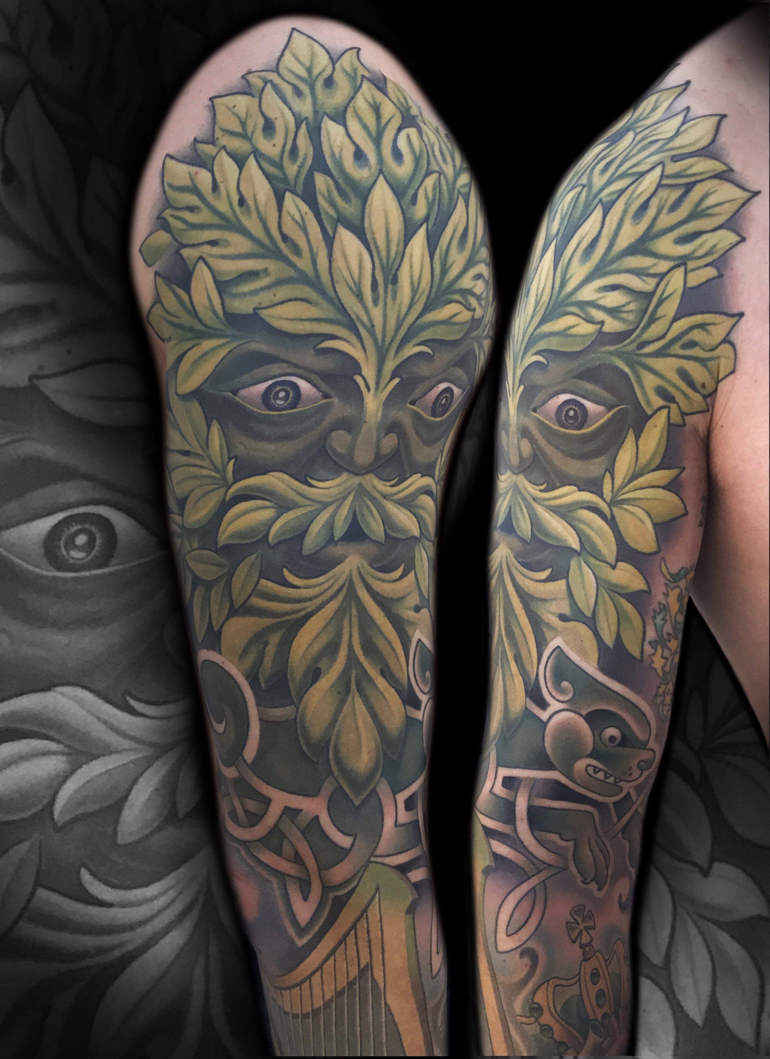 Green Man Irish Sleeve Tattoo