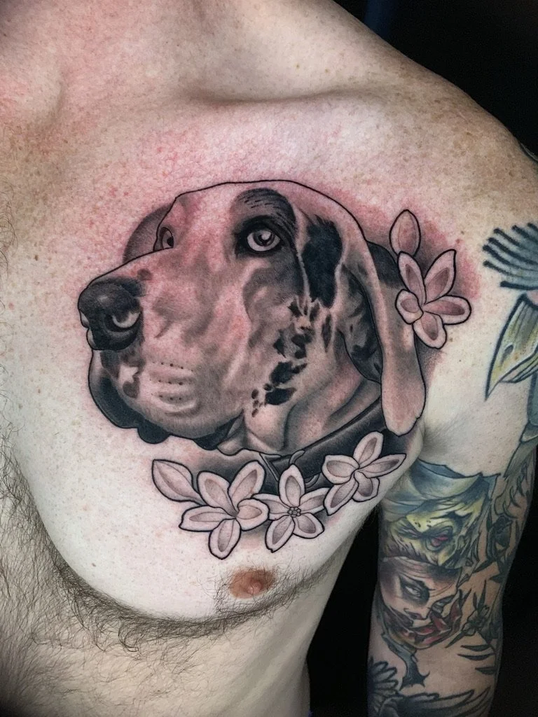 black and gray dog portrait tattoo